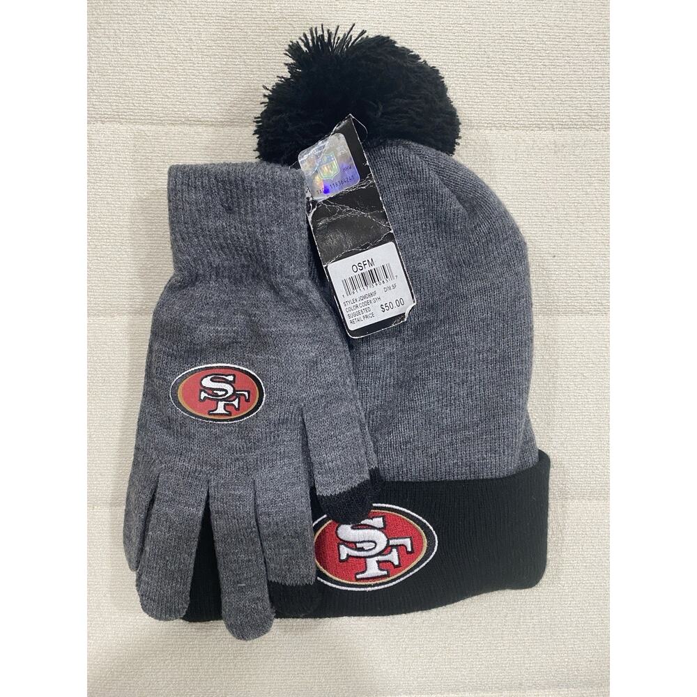 NWT NFL San Francisco 49ers Beanie Hat & Gloves Set OSFM Gray Black Pom Fan Gear